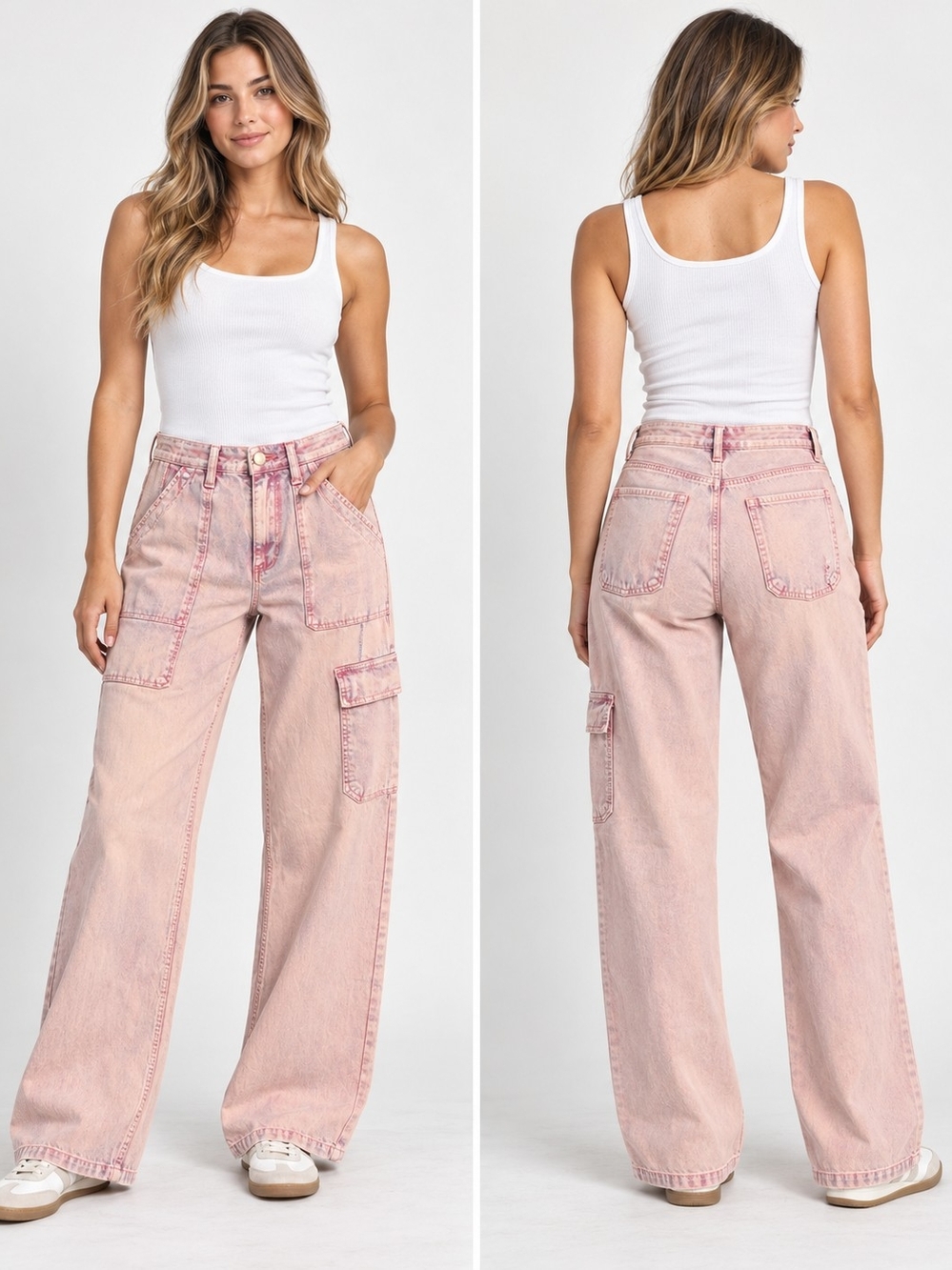 Risen Gossip Girl High-Waisted Wide-Leg Cargo Pants in Acid Wash Pink